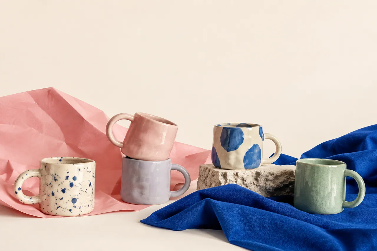 A playful arrangement of handmade pastel mugs.